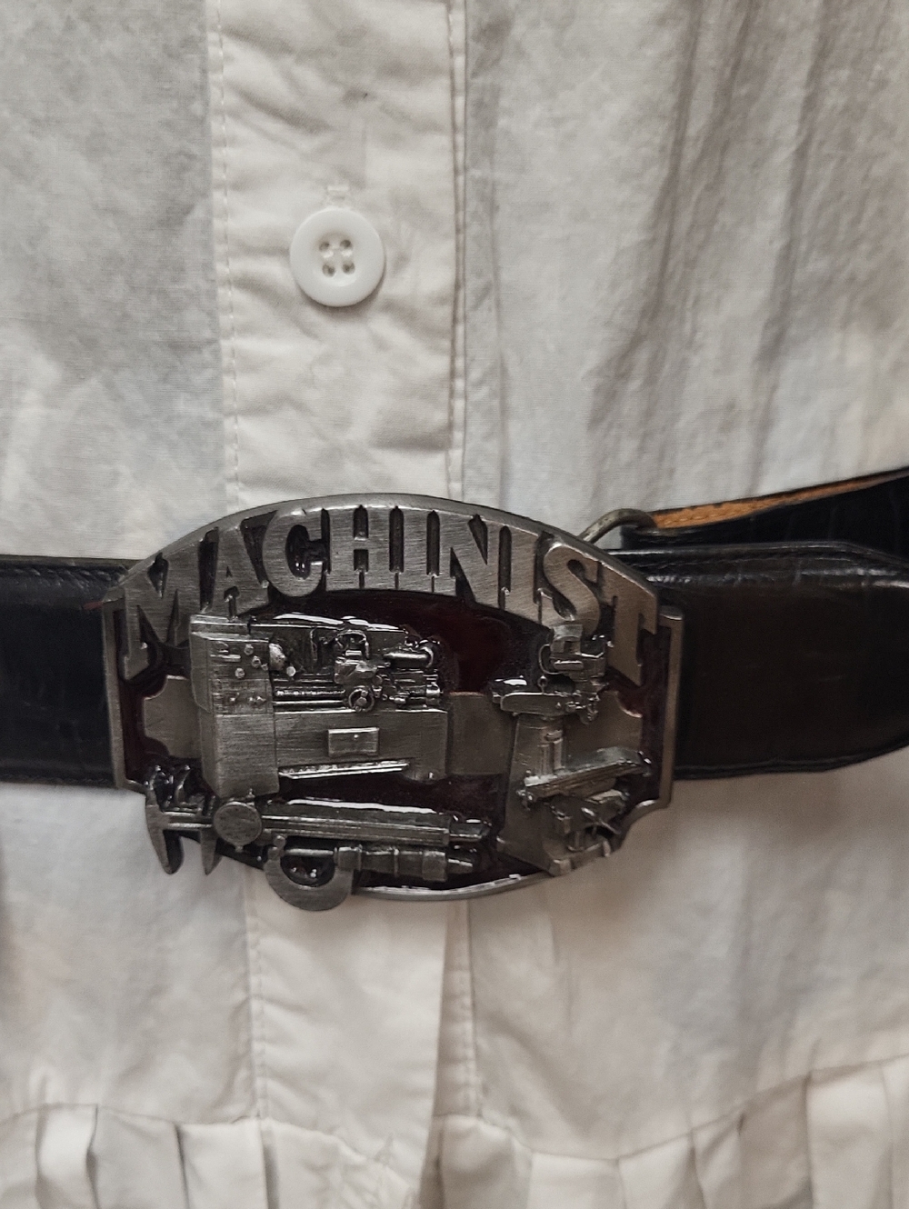 MACHINIST BUCKLE on an Onyx  Belt with Embossed Logo, Size 32